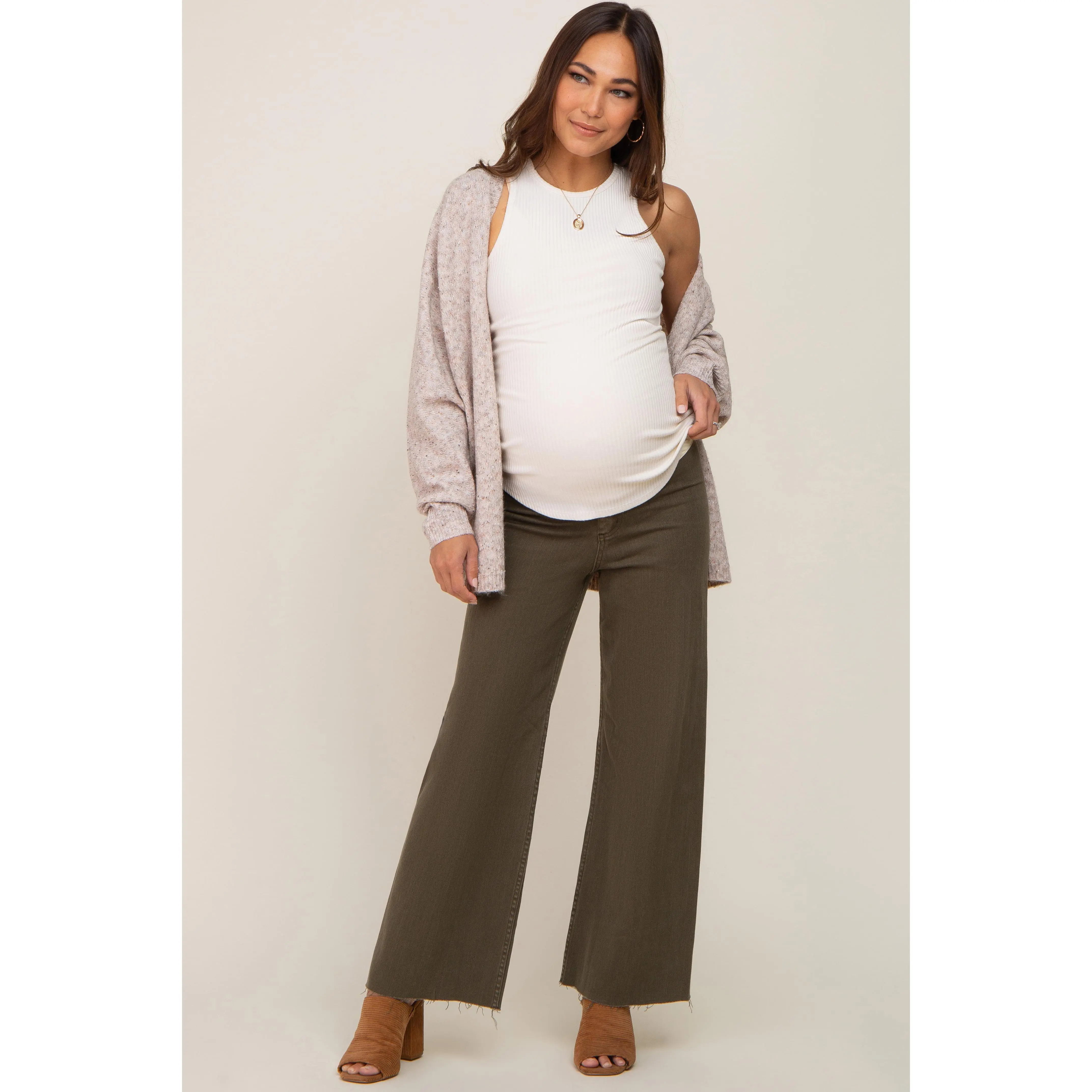 Olive Raw Hem Wide Leg Maternity Jeans