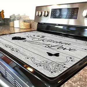 1pc, Wood Grain Pattern Gas Stove Top Protector - Heat-Resistant and Scratchproof Kitchen Counter Mat with "This Kitchen is Seasoned with Love" Decorative Print, Butterfly & Swirl Design, Suitable for Stove Protection and Dish Drying