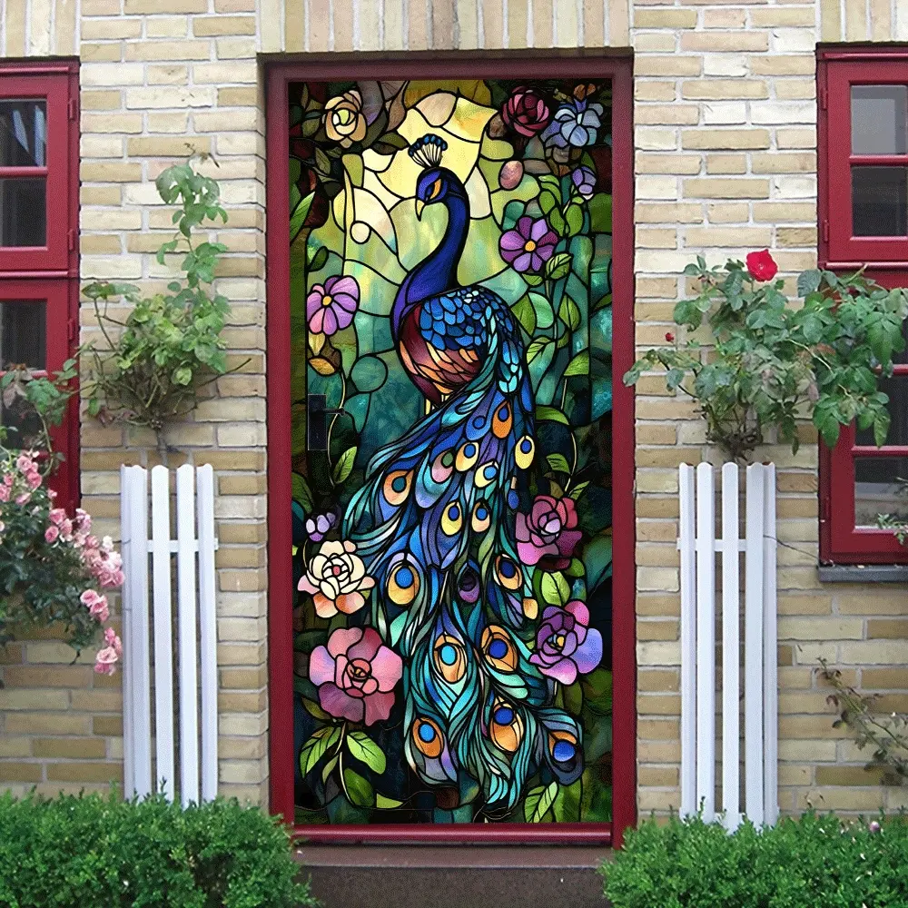 2pcs Peacock Stained Glass Style Wall Stickers Self Adhesive Art Decal for Home Decor Door Living Room Bedroom Waterproof Removable Wall Decals Colorful Peacock and Flower Pattern Decorative Stickers
