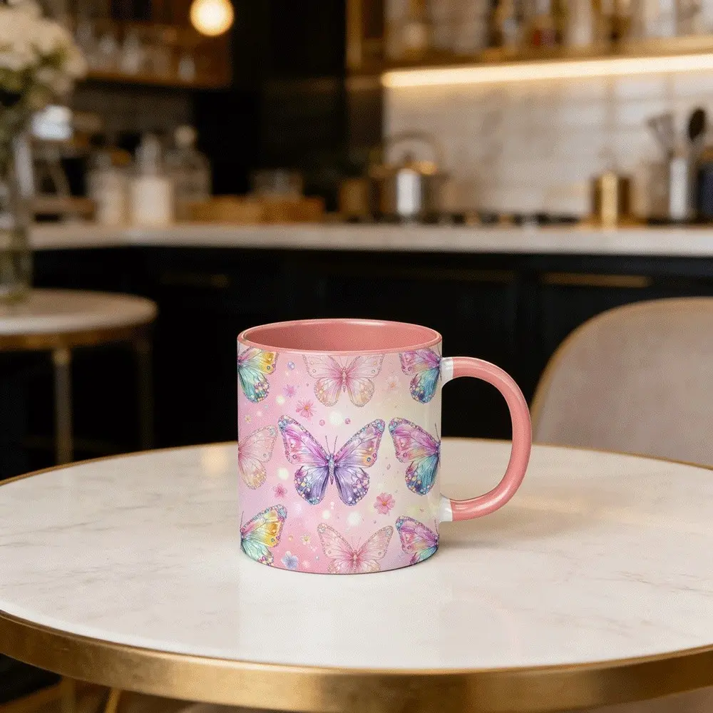 11oz Gradient Butterfly Mug, Dreamy Glitter Watercolor Design, Soft Body, Comfortable Grip, Heat Resistant, Easy to Clean, Ideal for Home Office