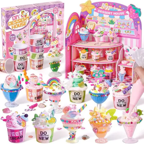 DIY Mini Dessert House Toy Set - Resin & Clay Craft Kit for Kids Aged 8+, Makes 24 Miniature Food Items, Child-Sized Pretend Play Kit, Ideal Girls' Birthday/Christmas Gift, Non-Edible Mini House Play Food, Child-Sized Play Food