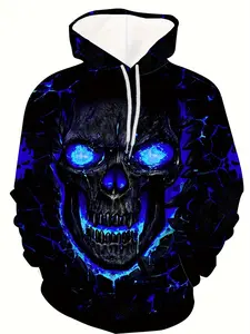 Men's Skull Head High-Definition 3D Print Hoodie, Casual Elastic Hooded Sweatshirt for Fall & Winter, Sportswear