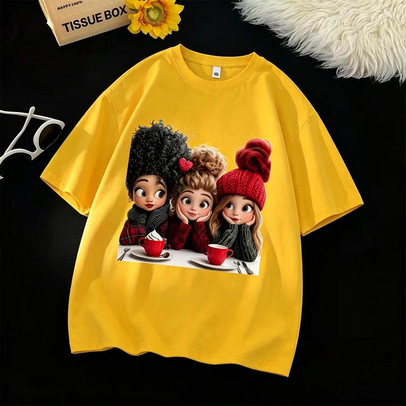 Women's Crew Neck Cartoon Girl "Best Friend" Graphic Tees Cotton Short Sleeve Cropped Top - Soft Breathable Fabric, Heat Transfer Print, Color-Sorted Wash, Campus Style Casual Summer Tshirt