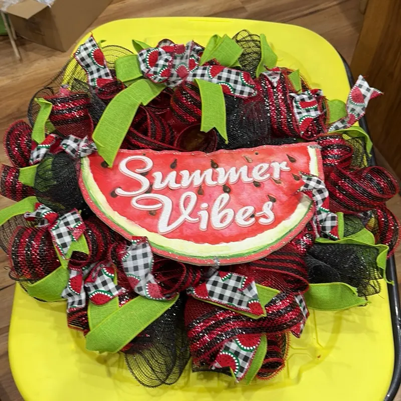 Watermelon Summer Reef Wreath with Red and Green Bow and Decorative Lettering