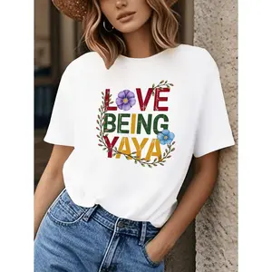 Love Being Yaya Women's Casual Short Sleeve T-Shirt with Distressed Typography and Floral Graphic Print for All Season Comfort