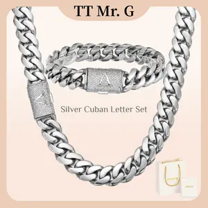 Silver Stainless Steel Cuban Link Chain & Bracelet Set for Men, 14mm Heavy Miami Cuban with A–Z Initial Letter Clasp, Gothic Punk Hip Hop Style, Personalized Matching Jewelry Set Gift for Him, Bold Statement Daily Wear