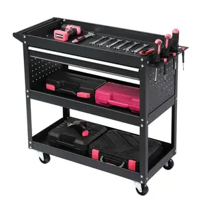 【Summervibes】3-Tier Rolling Tool Cart, Metal Heavy Duty Utility Cart on Wheels with Pegboard & Drawer & 4 Hooks, 330 lb Load Large Storage Capability Tool Cart for Garage Warehouse Repair Shop, Black