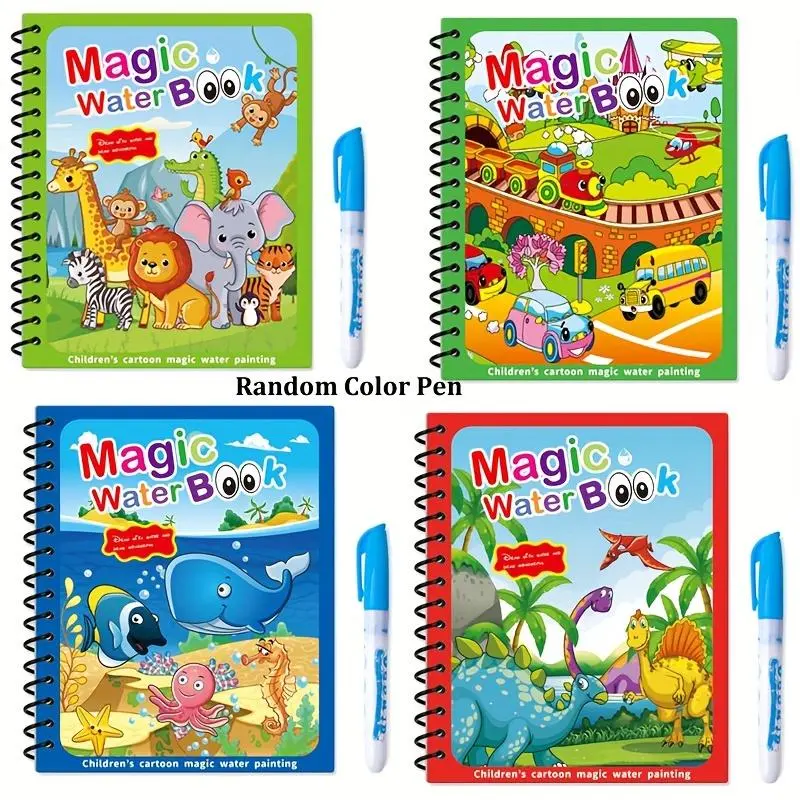 4 Pack Reusable Magic Water Painting Book - Magic Water Drawing Book, Water Doodle Book Toys, Educational Learning Toy, Includes Colorful Pens (Random Color)