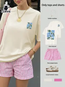 Women's Floral Plant Pattern Two-Sided Print Round Neck T-Shirt Set with Striped Shorts, Casual Loose Fit, Perfect for Daily Wear
