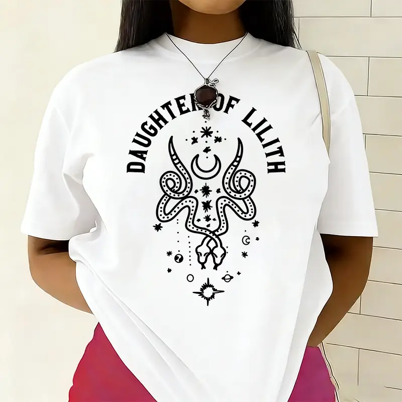 Women's Daughter of Lilith Printed Celestial Snake Shirt, 100% Cotton Fabric, Round Neck Half Sleeve Medium Length Soft Comfy Casual Summer Streetwear Top