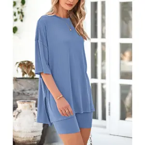 Women's Summer Casual Solid Color Crew Neck Slit Loose Short Sleeve Top with Pocket, Shorts Set Comfy Loungewear for Home