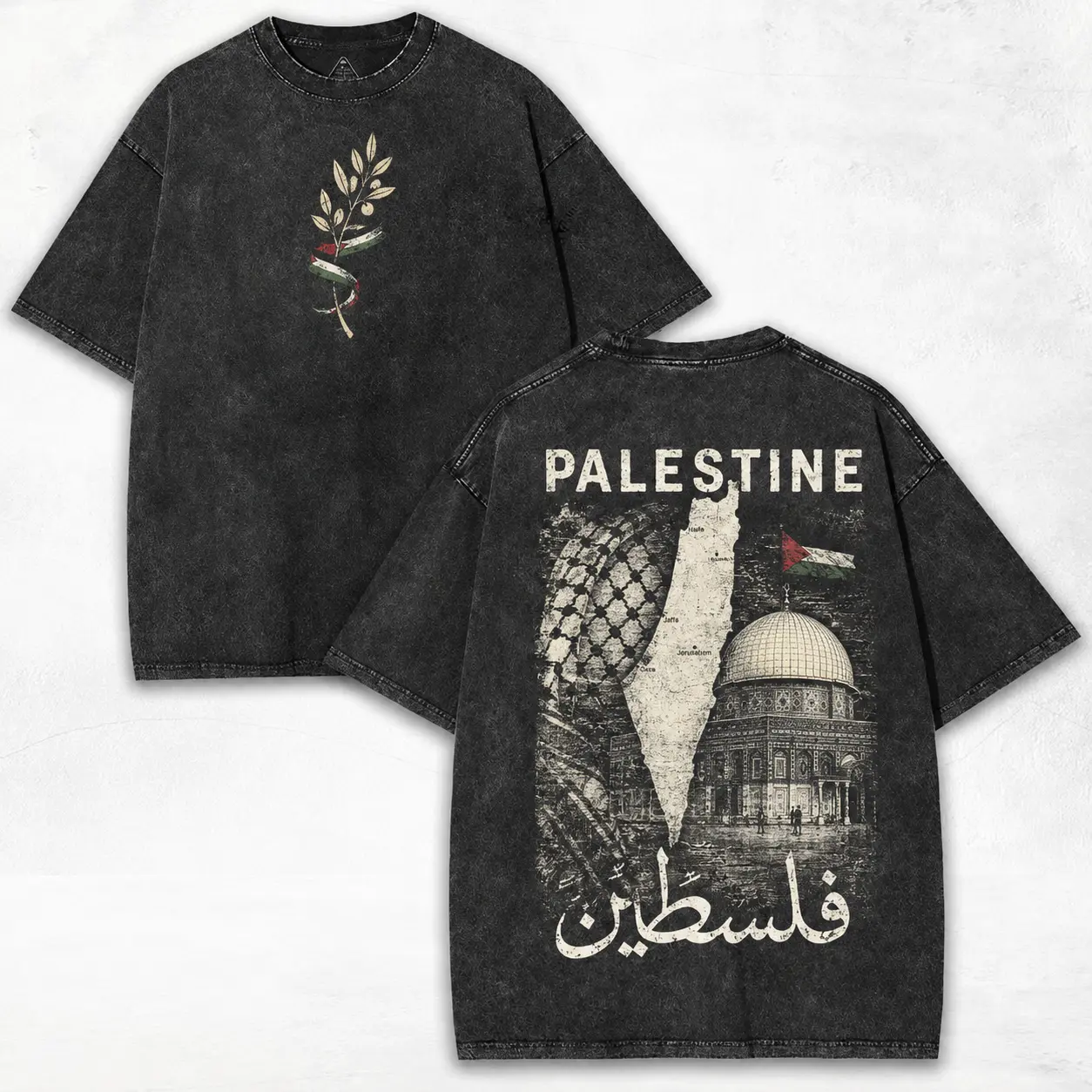 Men's Vintage Washed Oversized Short-Sleeve T-Shirt - Distressed Palestine Dome of the Rock Graphic Print, Casual Clothing Top for Holiday, All Seasons Menswear with Hand Wash Only Note, Multi-Size