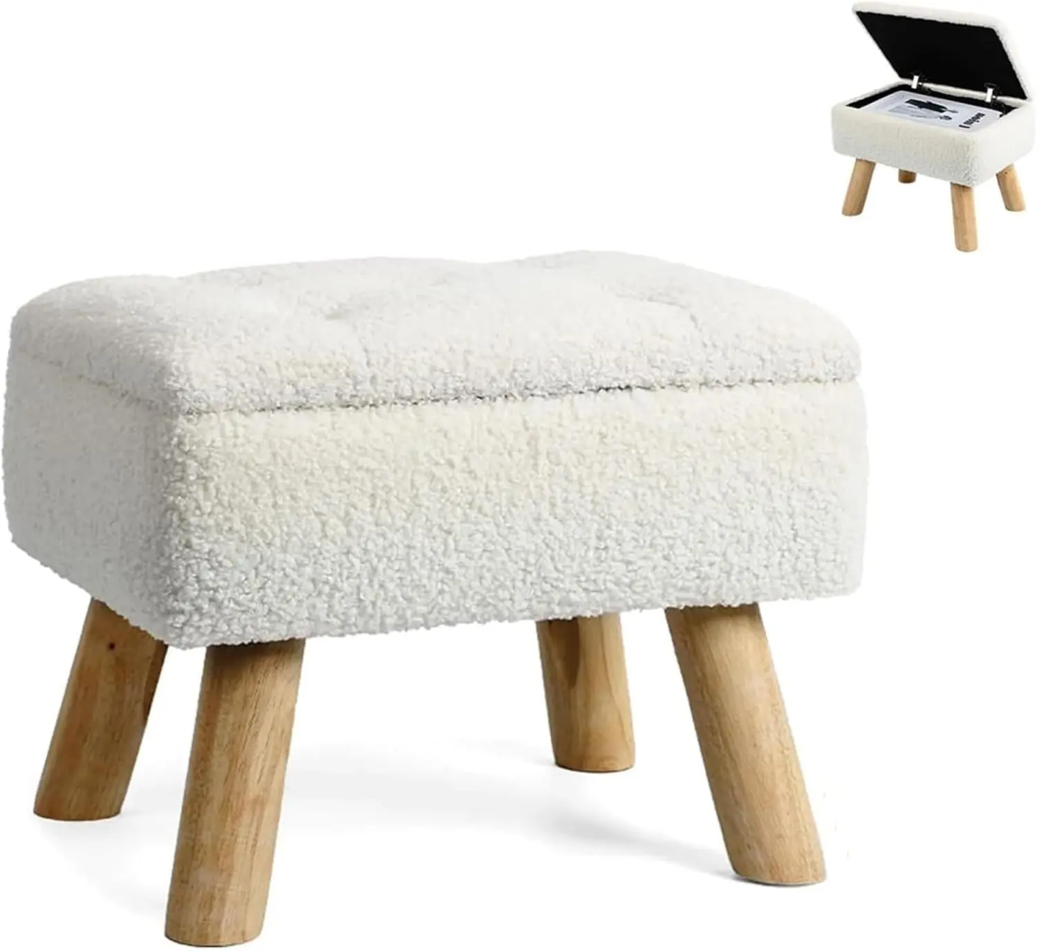 Cream Faux Teddy Fur Furniture Ottoman - Small Soft Padded Upholstered Storage Footstool with Wooden Legs, Multi-Purpose Shoe Changing Bench for Living Room, Bedroom, Soft Padded Footstool
