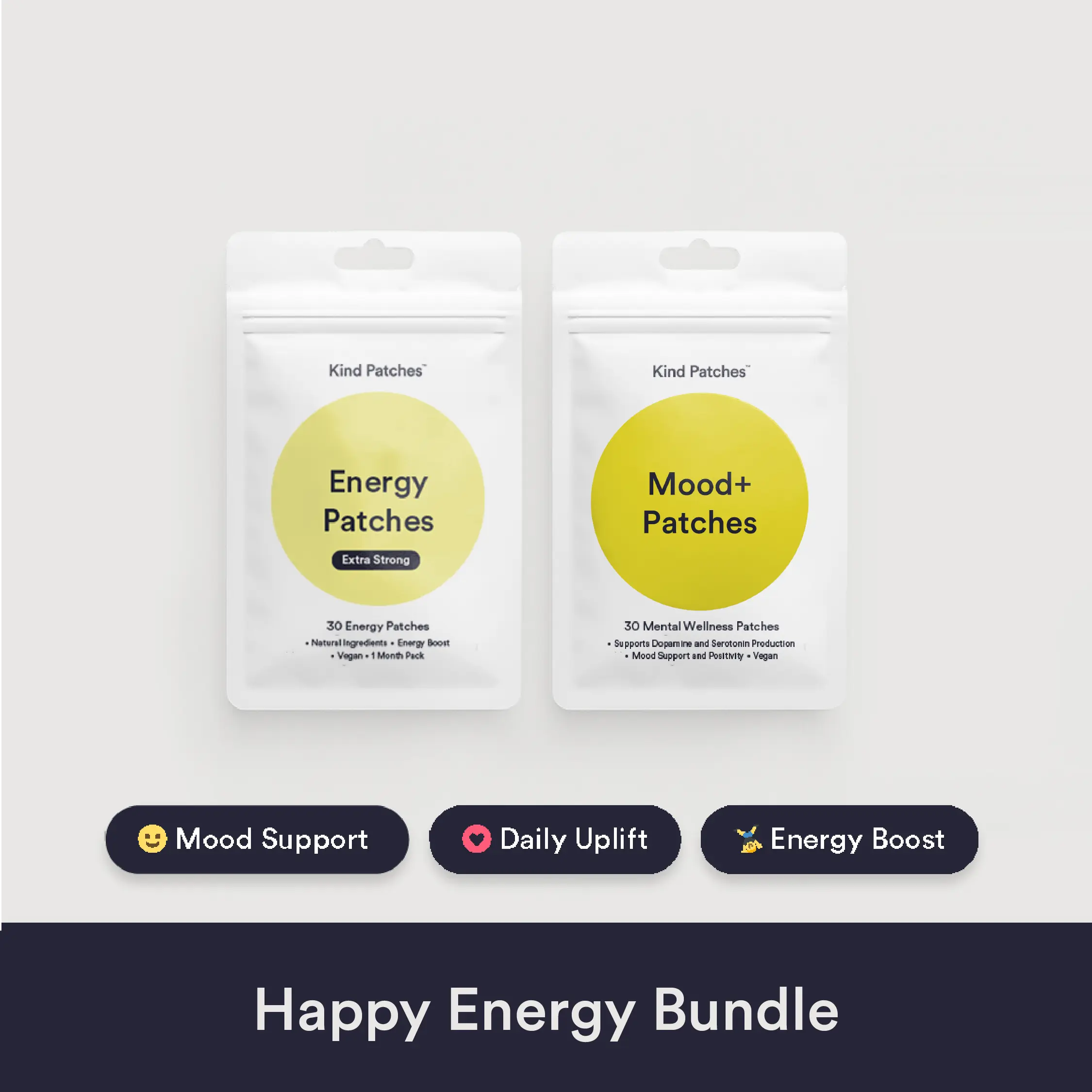Kind Patches Happy Energy Bundle, 30 Mental Wellness Patches+30 Energy Patches, Supports dopamine and serotonin production, Caffeine, Red ginseng, Steady Release,Vegan