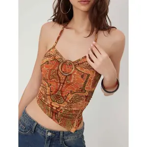 Cider Halter Neckline Floral Asymmetrical Hem Top SummerWins