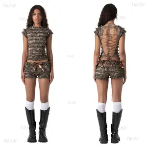 2025 Original Designnew summer sweet hot girl wood ear edge hollow strap camisole female summer lace lace puffy shorts two pieces Clothes Womenswear Ruched Fashion Set Sheer Skirt Set two piece pant set