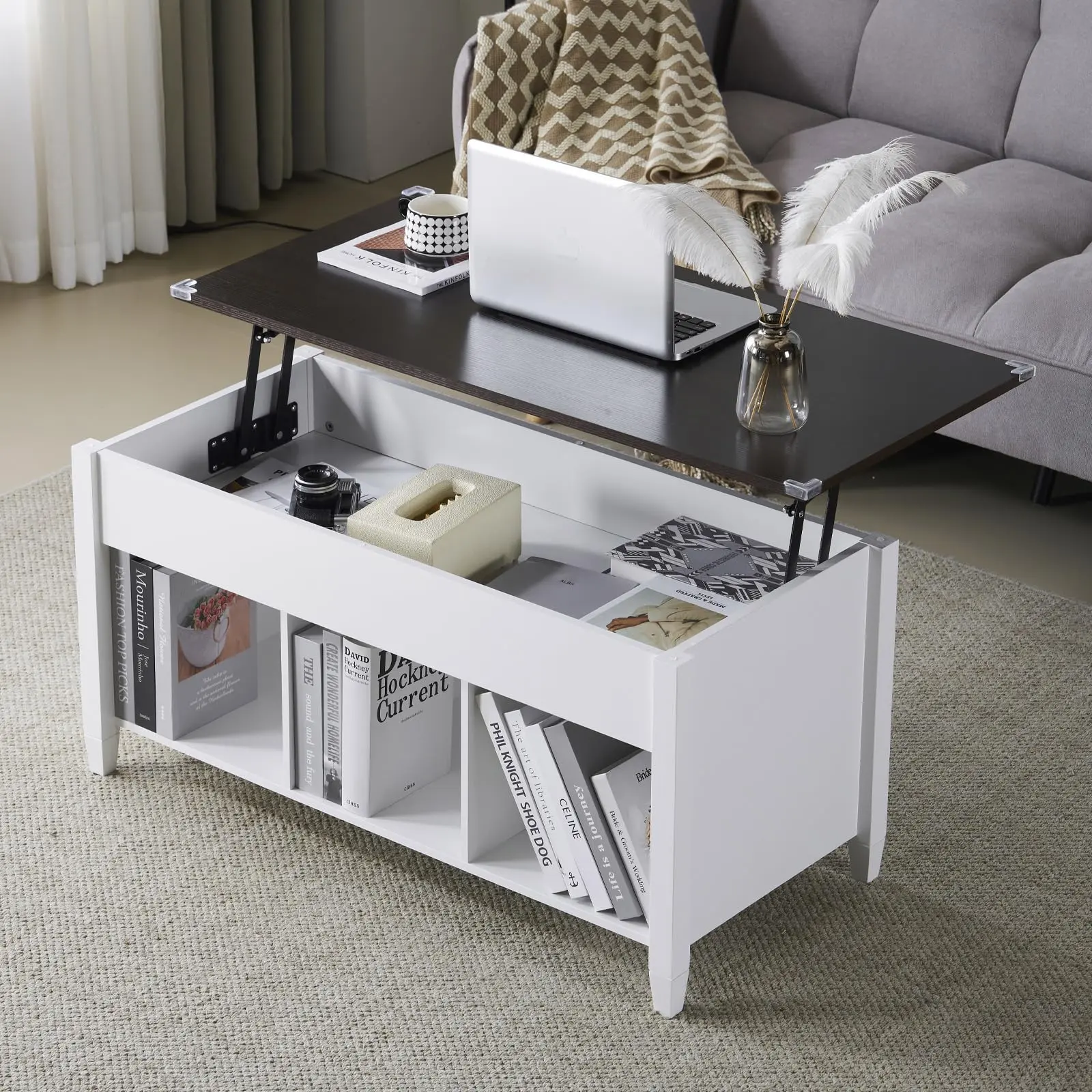 39" Wood Coffee Table with Hidden Storage, Lifting Tabletop and 3 Open Shelves, White & Dark Brown Center Table for Living Room, Home Office