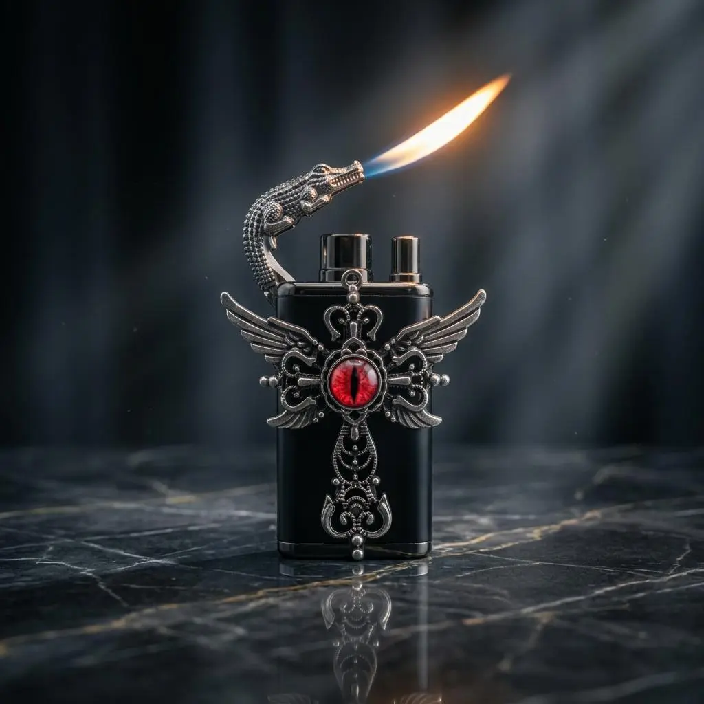 Red Dragon Eye Dual Flame Lighter - Blue Jet to Soft Flame Vintage Gothic Gadget (Shipped Empty) - Unique Dark Aesthetic Gift Cool Father's Day Gift for Him Retro Dual-Flame Windproof