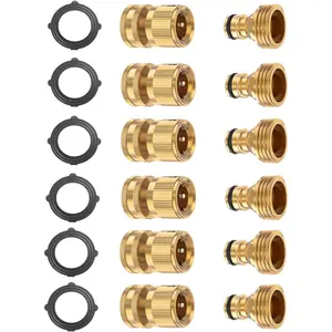 Hose Quick Connector Set, Solid Brass 3/4 Inch Water Fittings Thread Easy Connect Male Female 6 Sets