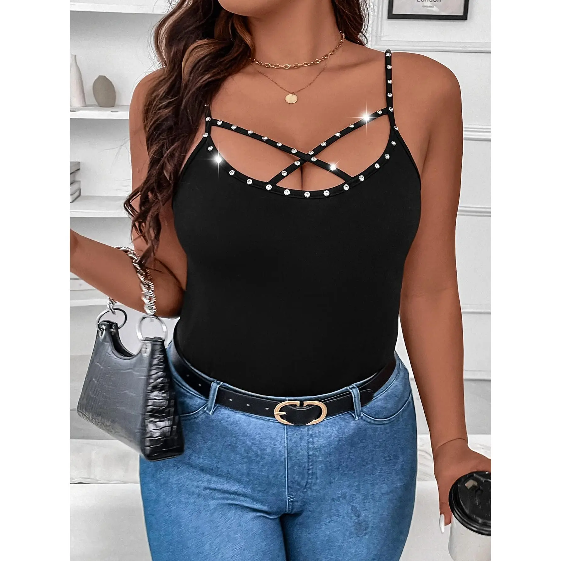 Plus Size Rhinestone Crisscross Spaghetti Strap Camisole Tops Summer Y2k Going Out Tops