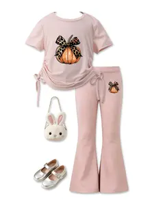 Summer Girls' Set Leopard Bow Pumpkin, Drawstring Design, Halloween School Daily, Short Sleeve Tee & Flared Pants Two-Piece
