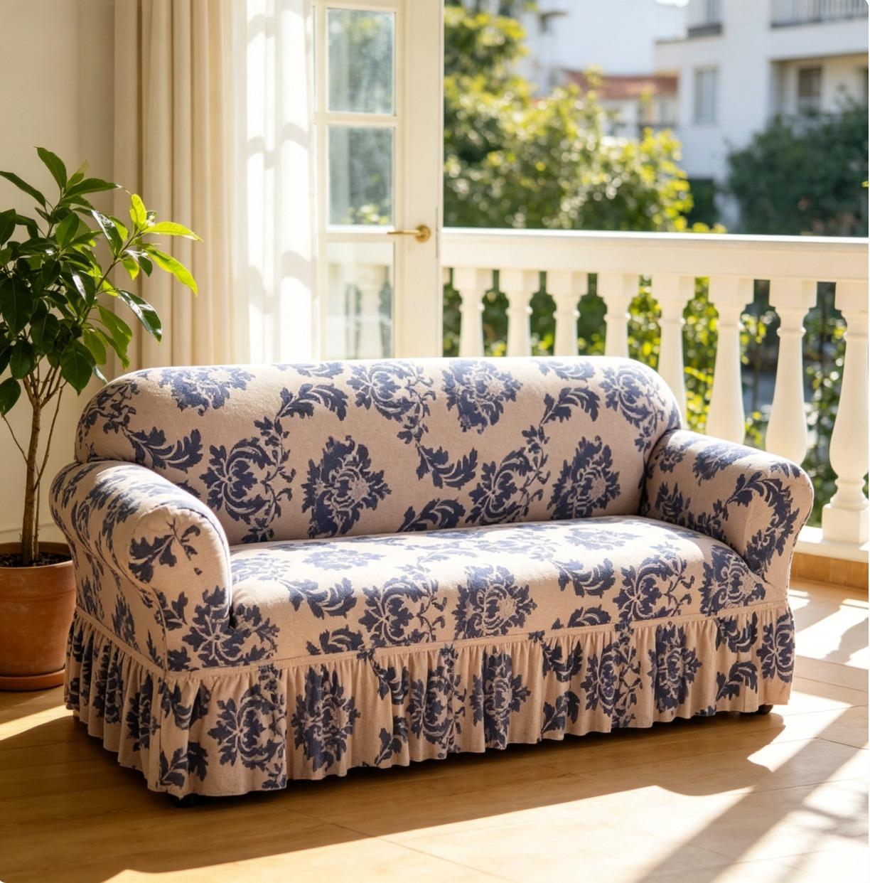 Chic Blue Damask Couch Cover | Stretchy Fabric with Ruffled Skirt for Instant Room Refresh