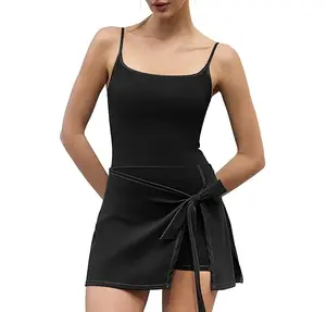 QINSEN Women's Sexy Square Neck Jumpsuit Sleeveless Wrap Shorts Romper One Piece Outfits with Pockets