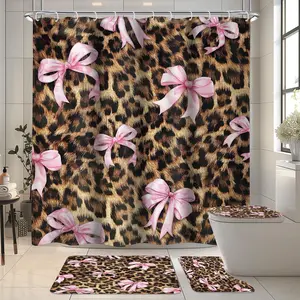 1/4pcs leopard print and pink bow pattern bathroom Shower Curtain Sets and mat set, includes 12 hooks, non-slip bathroom mat, non-slip toilet U-shaped mat, toilet seat cover, bathroom partition, modern home decor