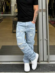 Men's Korean Style Hip-Hop High Street Streetwear Ripped Distressed Washed Jeans, Loose Fit Casual Trendy Wide Leg Long Pants, All Seasons Fashion