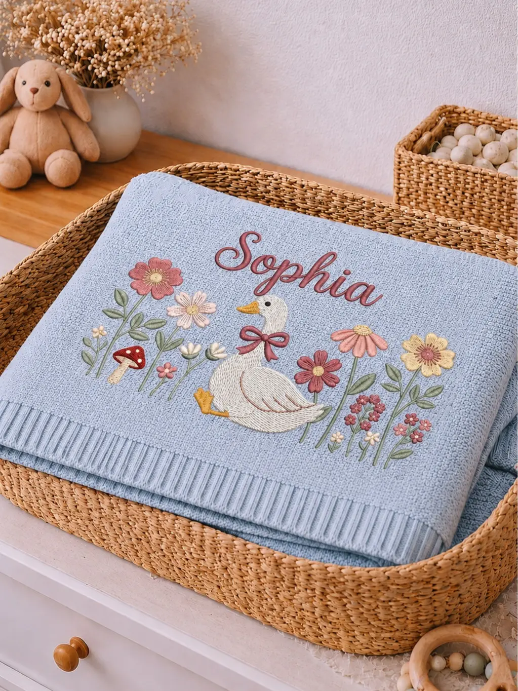 [Made-to-Order]Custom Wildflower Goose Embroidered Baby Blanket, Personalized Name Knit Baby Blanket, Botanical Nursery Decor, Baby Girl Keepsake Gift
