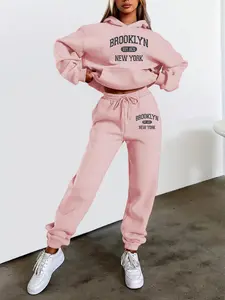 Women's Hooded Sweatshirt Set, Womenswear, Fitted, Fall & Winter, Brooklyn Letter Vintage Print, Casual American Retro Style, Daily Campus Scene
