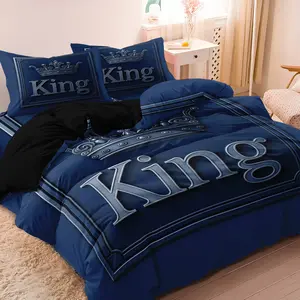 3pcs Royal Blue King Crown Print Duvet Cover Set, Luxury Bedroom Decor, for Stylish Rooms Bedroom Hotel, Bedroom Bedding Set, Decorative Duvet Cover (Includes 1 Duvet Cover and 2 Pillowcases,No Comforter, No Pillow)
