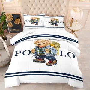 Ling grid patterned teddy bear printed bedding set, including 1 blanket and 1 or 2 pillowcases without pillowcases, soft children's or adult bedroom decoration gift