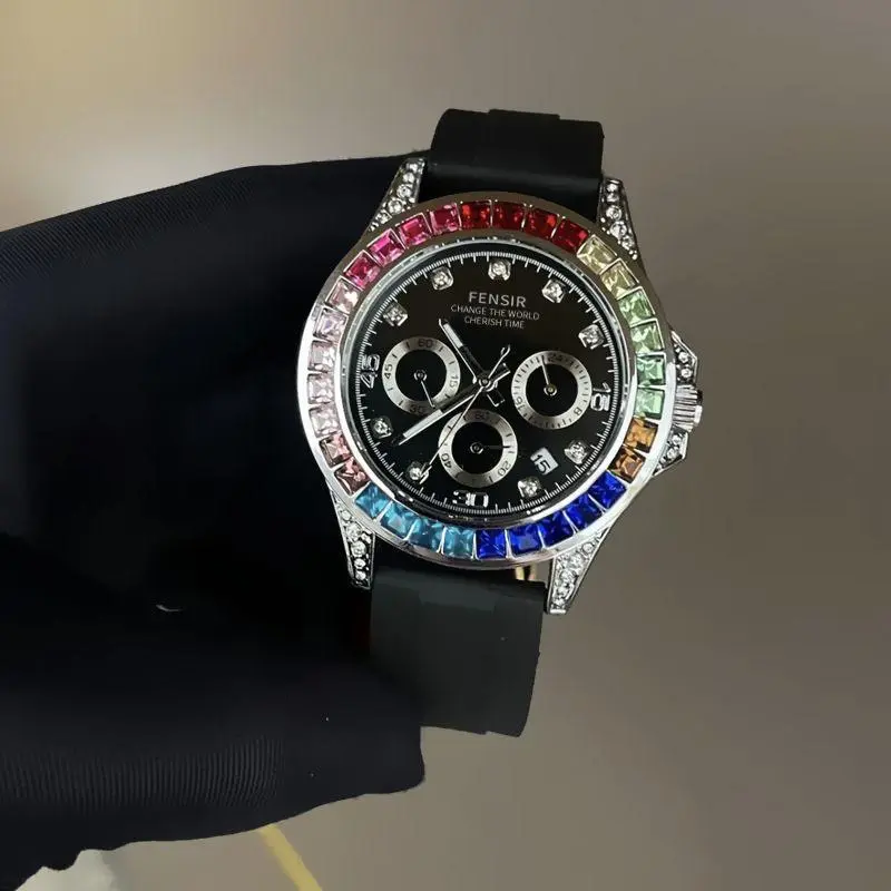 Rainbow Diamond Watch Silicone Strap Luxury Men's Business Wristwatch【BIG ONE WATCH】