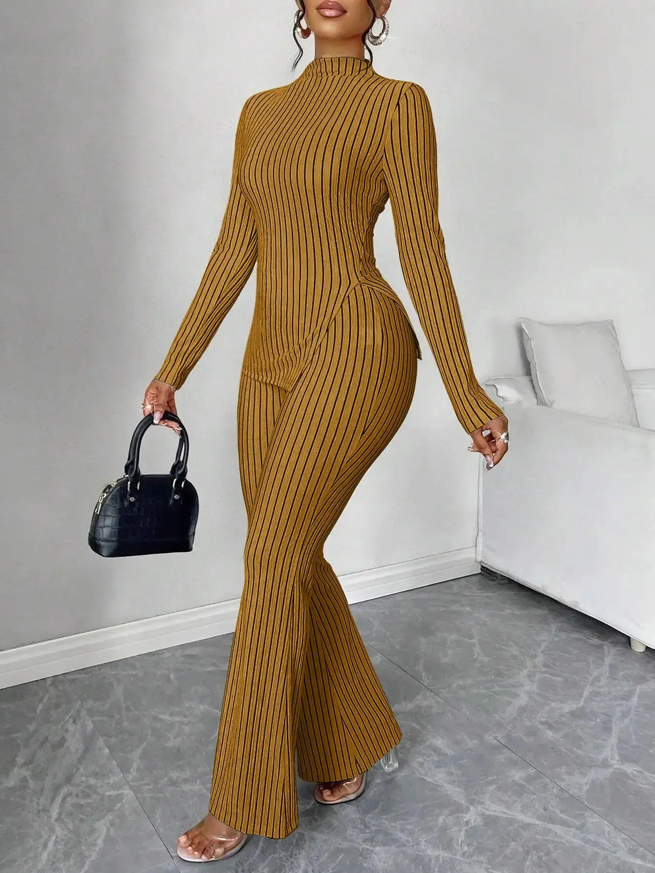 2-Piece Striped High Neck Split Hem Flared Pants Set, Casual for Women, Perfect for Spring and Fall, Comfortable Knit Fabric, Fashion Pants Set