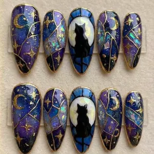 Mystical Black Cat Press On Nails, Gothic Stained Glass Galaxy Nails, Celestial Witchy Nail Art, Dark Fantasy Nails