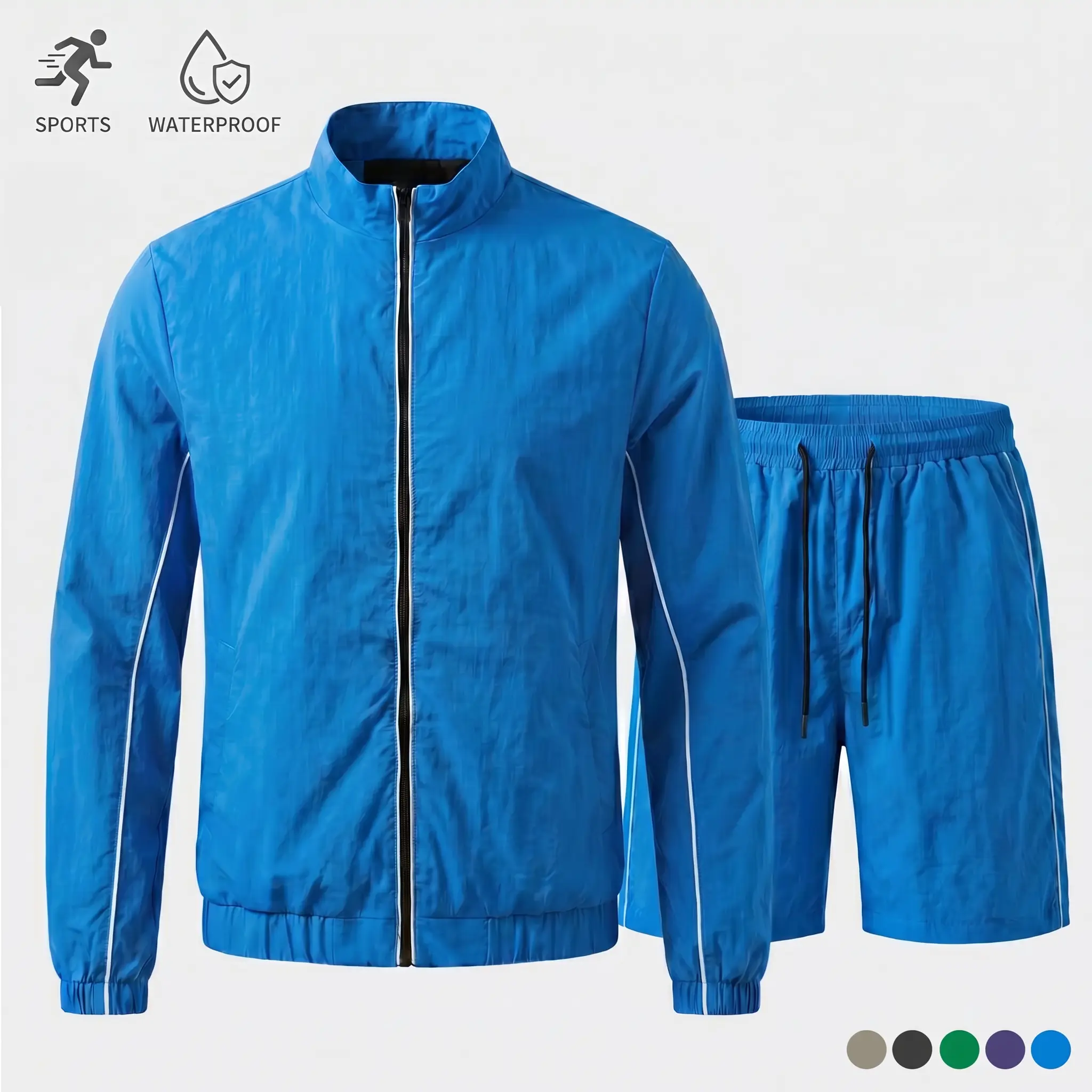 Men’s casual sports set—stylish and minimalist, solid color and versatile. Loose, lightweight, quick-dry zip jacket and shorts two-piece set made from durable fabric that can be machine washed. Breathable and lightweight for fishing and hiking; casual out