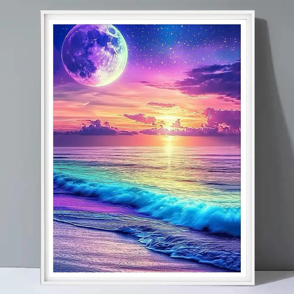 Seaside Sunset Pattern Diamond Arts Colorful Painting Kit without Frame, DIY 5D Diamond Arts Crafts Kit, Wall Art Decorations for Home, Artwork, Diamond Pattern Design