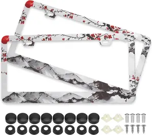 Watercolor Cherry Blossom License Plate Frames, 2 Pack  Sakura  Plate Frame, Stainless Steel License Plate Holders Covers with Free Screws Fasteners Caps (Cherry Blossoms)