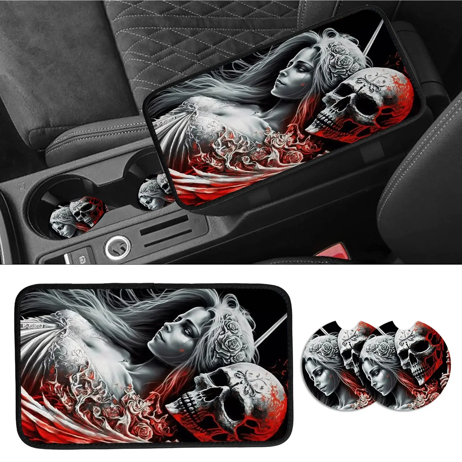 3-Piece Skull Car Console Cover Set, Universal Car Armrest Covers with 2 Cup Holders, Fits Most Cars, Car Decoration Accessories, Automotive Decorative Accessories, Car Decor Gift, Vehicle, Car Interior Accessory, Car Interior Set, Car Interior Decorative