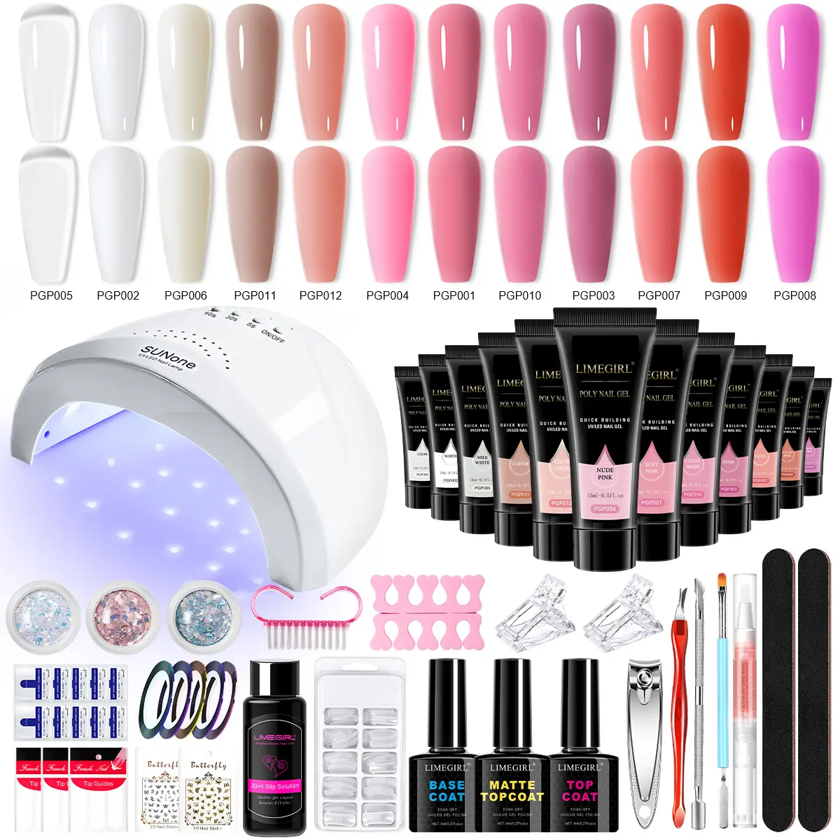 Limegirl Professional Poly Nail Gel Extension Kit, 1 Set Gel with 48W UV Lamp, 100Pcs Nail Extension Tips Nail Strengthener Builder with Soak-Off UV Gel, Manicure Salon Set，for Beginners，Gift for Women polygel  nail  kits manicure lover