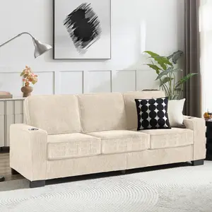 84" Oversized 3 Seater Couch Upholstered Sofa for Living Room,Modern Deep Seat Comfy Loveseat Couches with Cup Holders, Love Seat Sofa Corduroy,Beige
