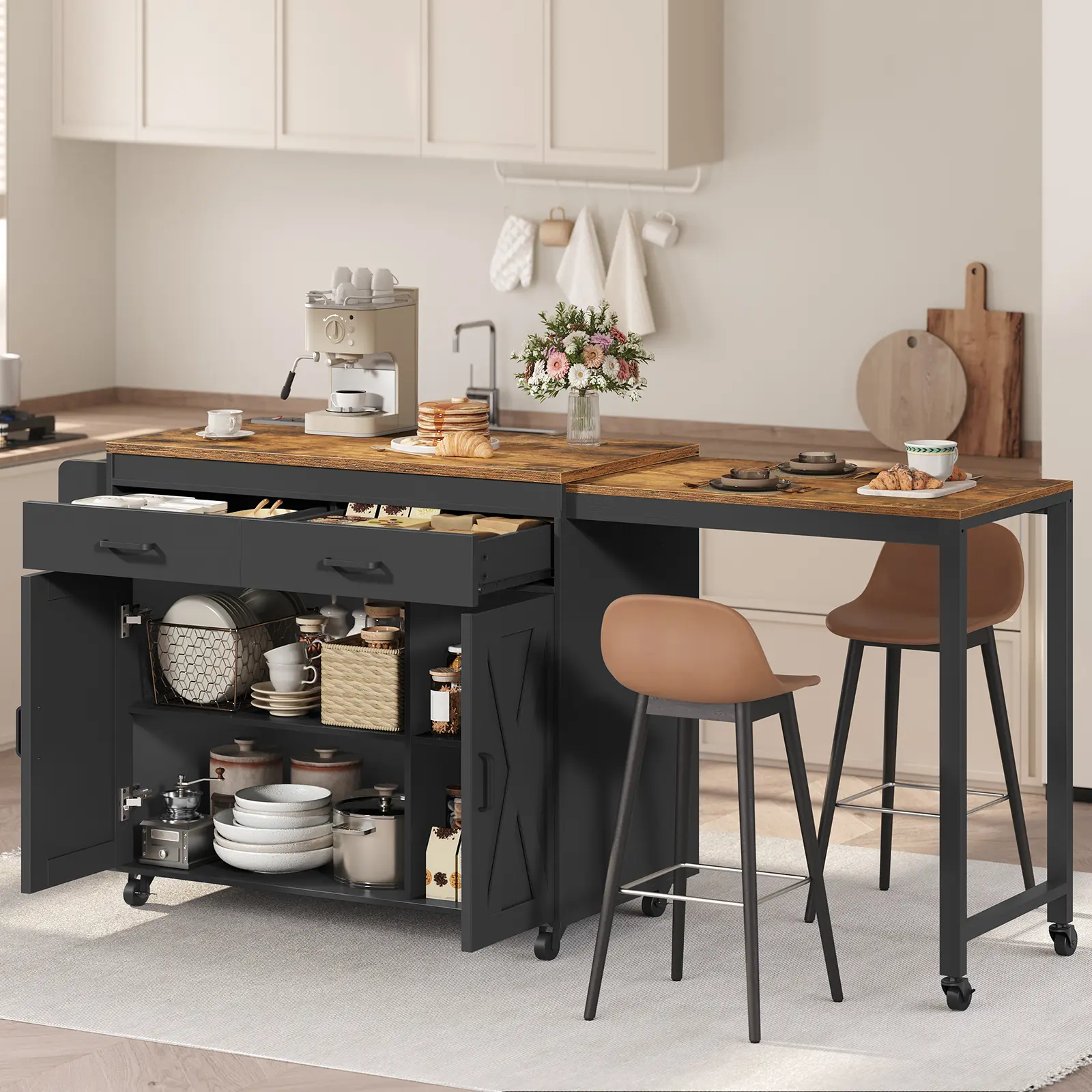 YATINEY Extendable Kitchen Island with Outlets & Switch, Mobile Kitchen Cart with Lockable Wheels, Storage Cabinets, Large Drawers, Spice Rack, Towel Bar and S-Hooks, Farmhouse Style, Black and Rustic Brown #SummerVibes#DealsforYouDays #SummerGarden