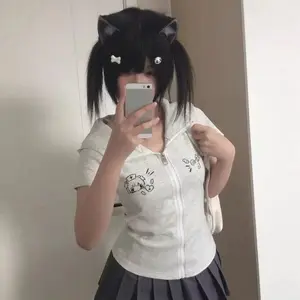 Harajuku  Short SLeeve Hoodie Japanese Women Sweet Patchwork Rabbit Ears Top Casual Subculture Zipper Kawaii Spring Summer