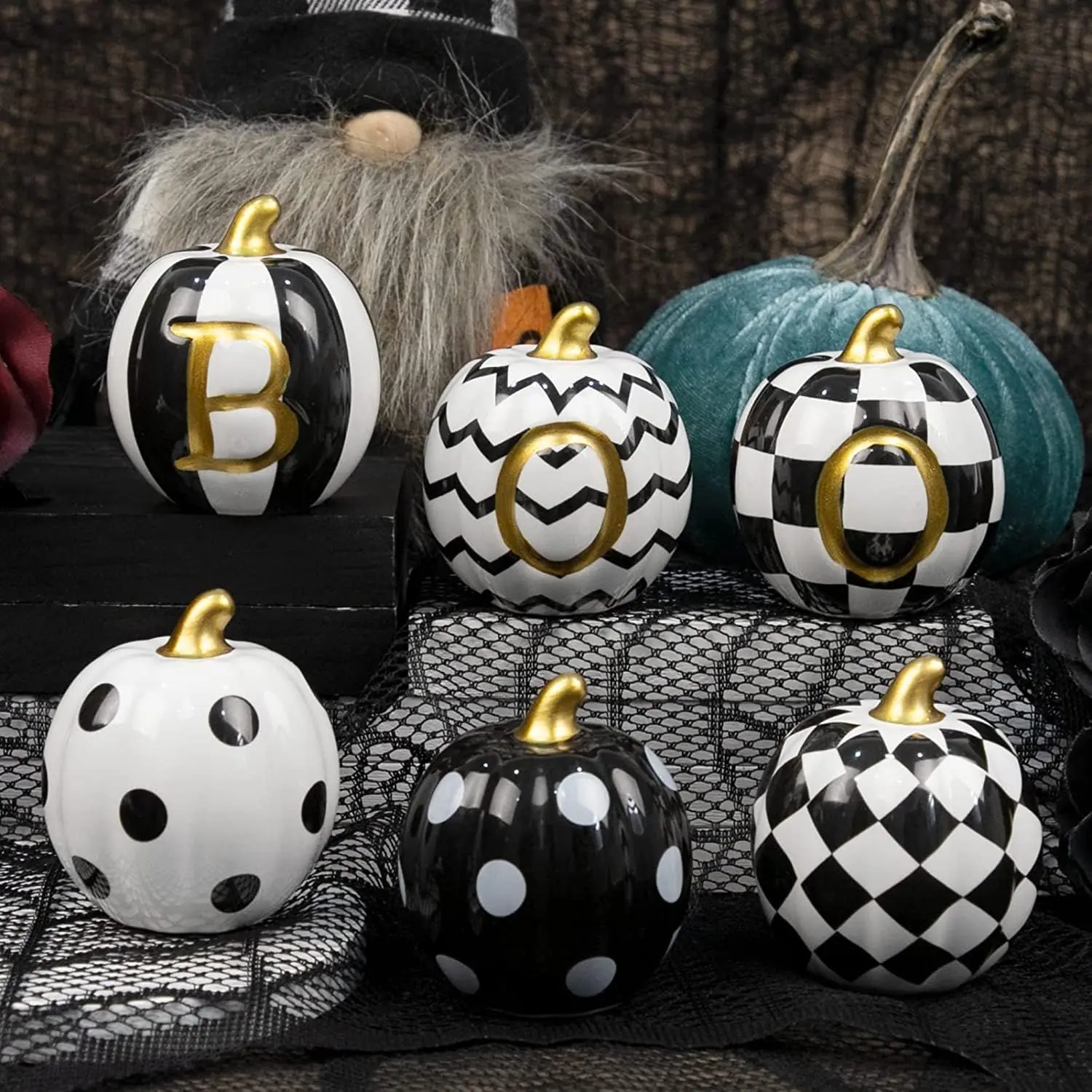 Halloween Decorations Indoor - Set of 6 Ceramic Halloween Pumpkin Decor - Assorted Black and White Boo Pumpkins for Fall Autumn Home Decor