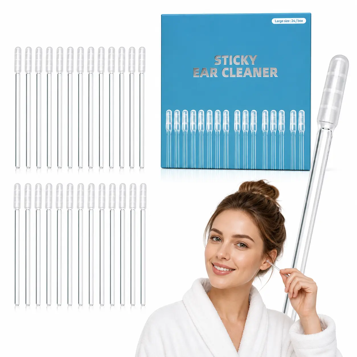 Reusable Ear Cleaner, 24-Pack Sticky Ear Cleaning Stick with Soft Adhesive Tip for Dry Earwax, Gentle Portable Ear Care