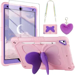 for iPad 9th Generation Case 8th 7th Gen 10.2 inch with Screen Protector/Butterfly Kickstand/Lanyard/ Rugged Case with Pencil Holder for  Girls Cover for iPad 10.2 Case Pink Purple