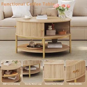 23.6" Round Coffee Table with Storage, Mid Century Modern Coffee Table with Sliding Cabinet Door, Round Metal Legs, 3-Tier Small Round Coffee Tables for Living Room, Oak