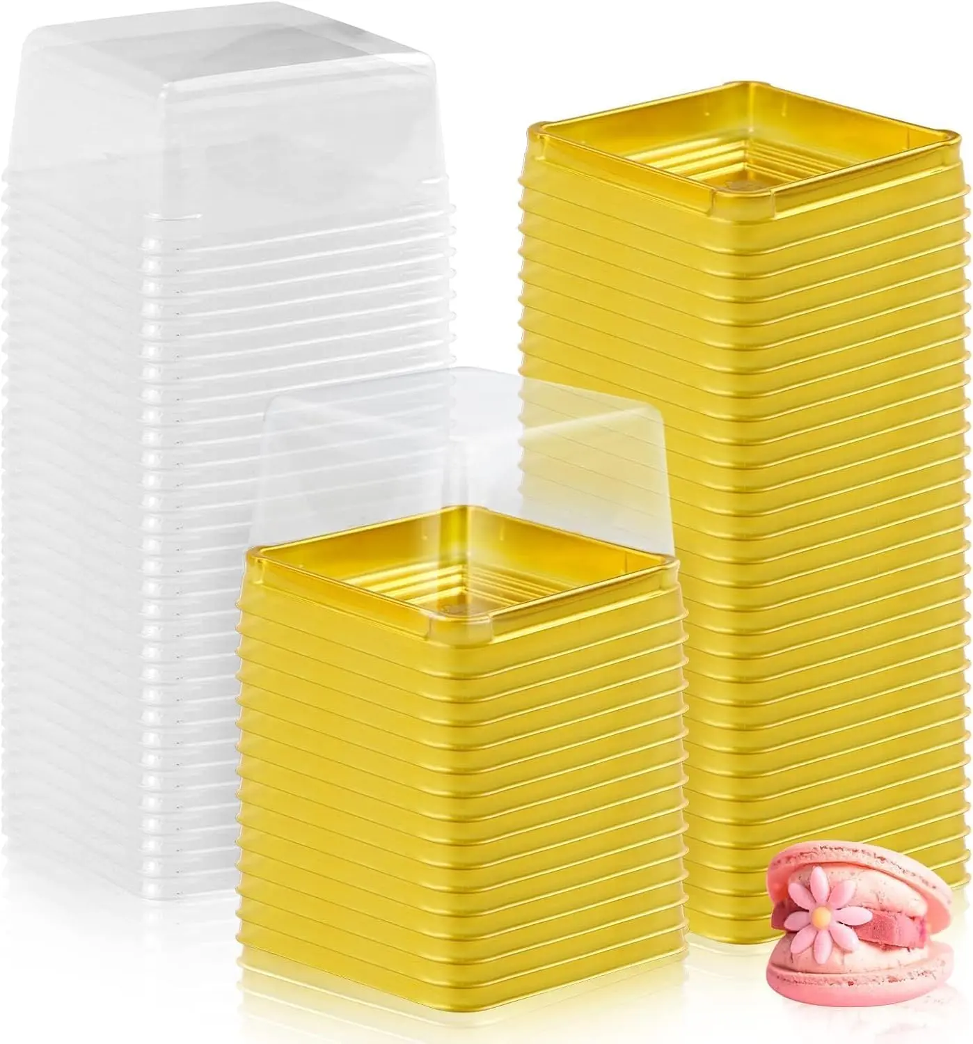 100pcs Disposable Square Individual Pastry Boxes with Clear Dome Lids & Golden Trays, Plastic Single Portion Dessert Holders for Mini Cakes Tarts Puddings, Transparent Bakery Packaging Containers for Homemade Baking