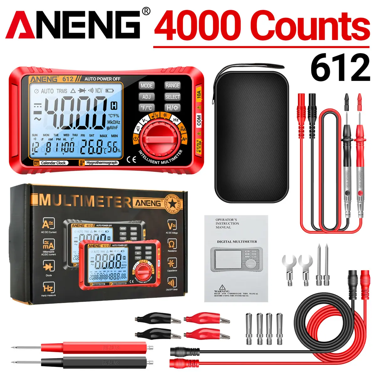 ANENG 612 True RMS Smart Multimeter - Large Touchscreen, LCD Backlight, ABS Plastic Body, Temp Sensor, High Precision Measurements, AC/DC Voltage Current Ohm EMF Tester, 114g, Batteries Included for Home, Automotive Repairs